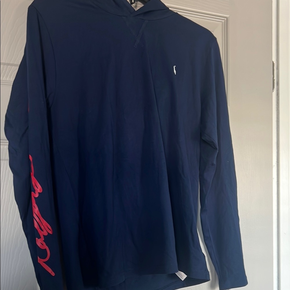 Brand new Boys Ralph Lauren Navy Blue long sleeve hooded shirt with Red Script